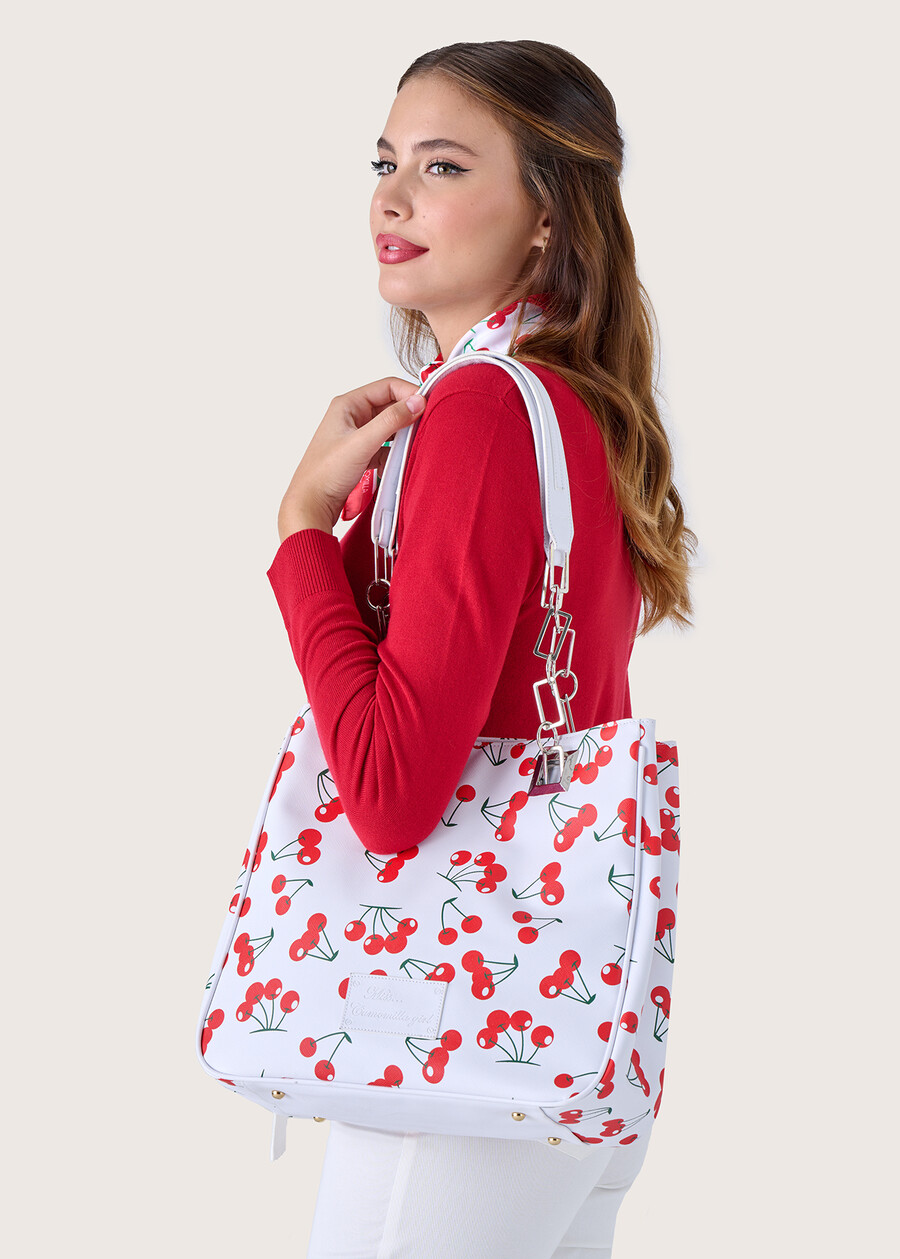 Eco-leather shopping bag with cherries BIANCO WHITE Woman , image number 1