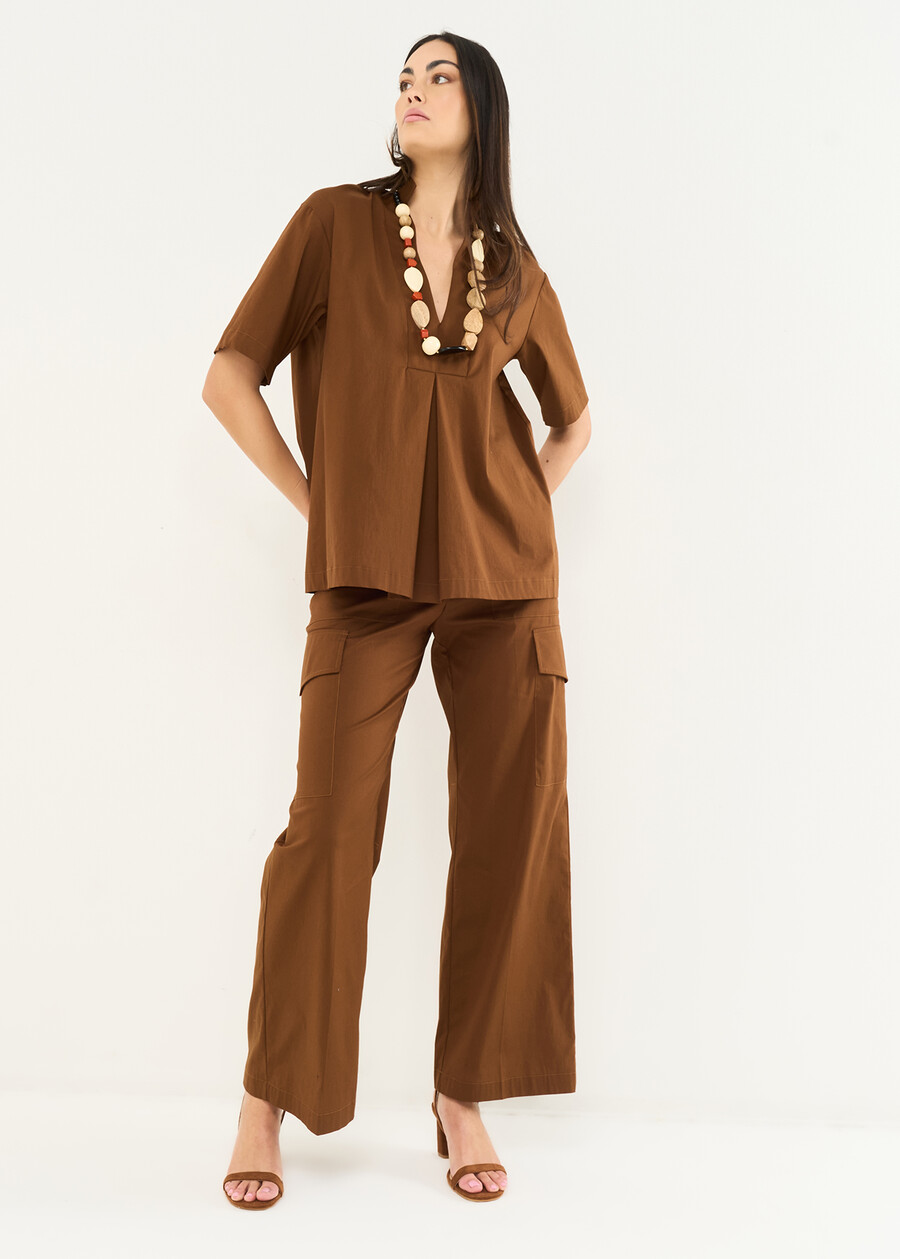 Claid cotton blouse with front pleat MARRONEBIANCO WHITE Woman , image number 4
