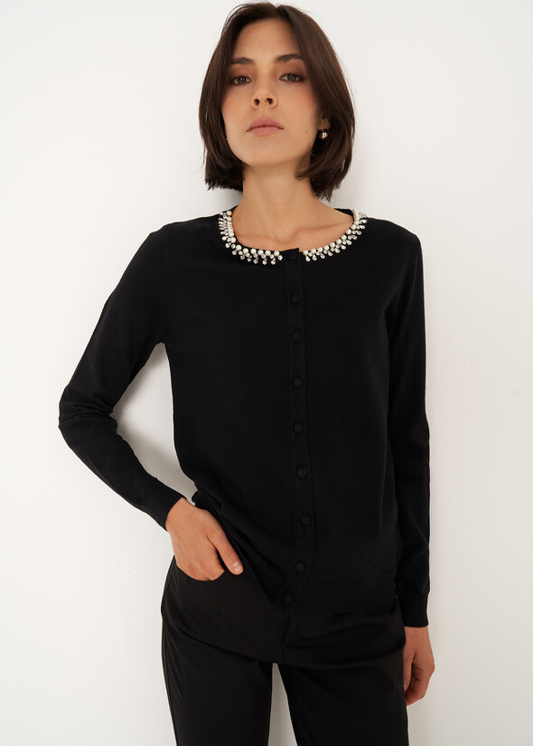 Cody cardigan with rhinestones and pearls NERO BLACK Woman null