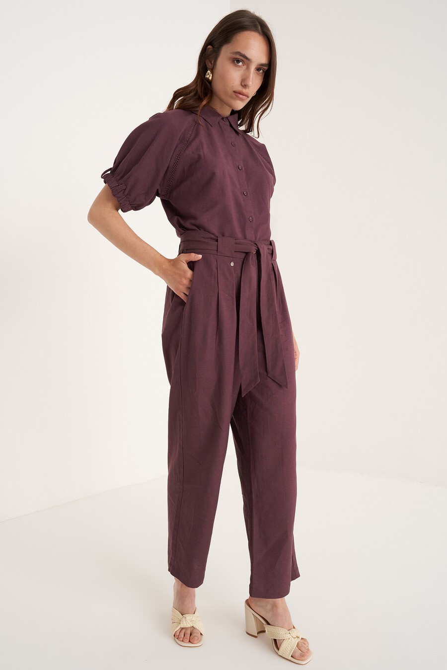 Camicia Catty in viscosa e lino
 VIOLA MELANZANABIANCO BURRO Donna , immagine n. 4