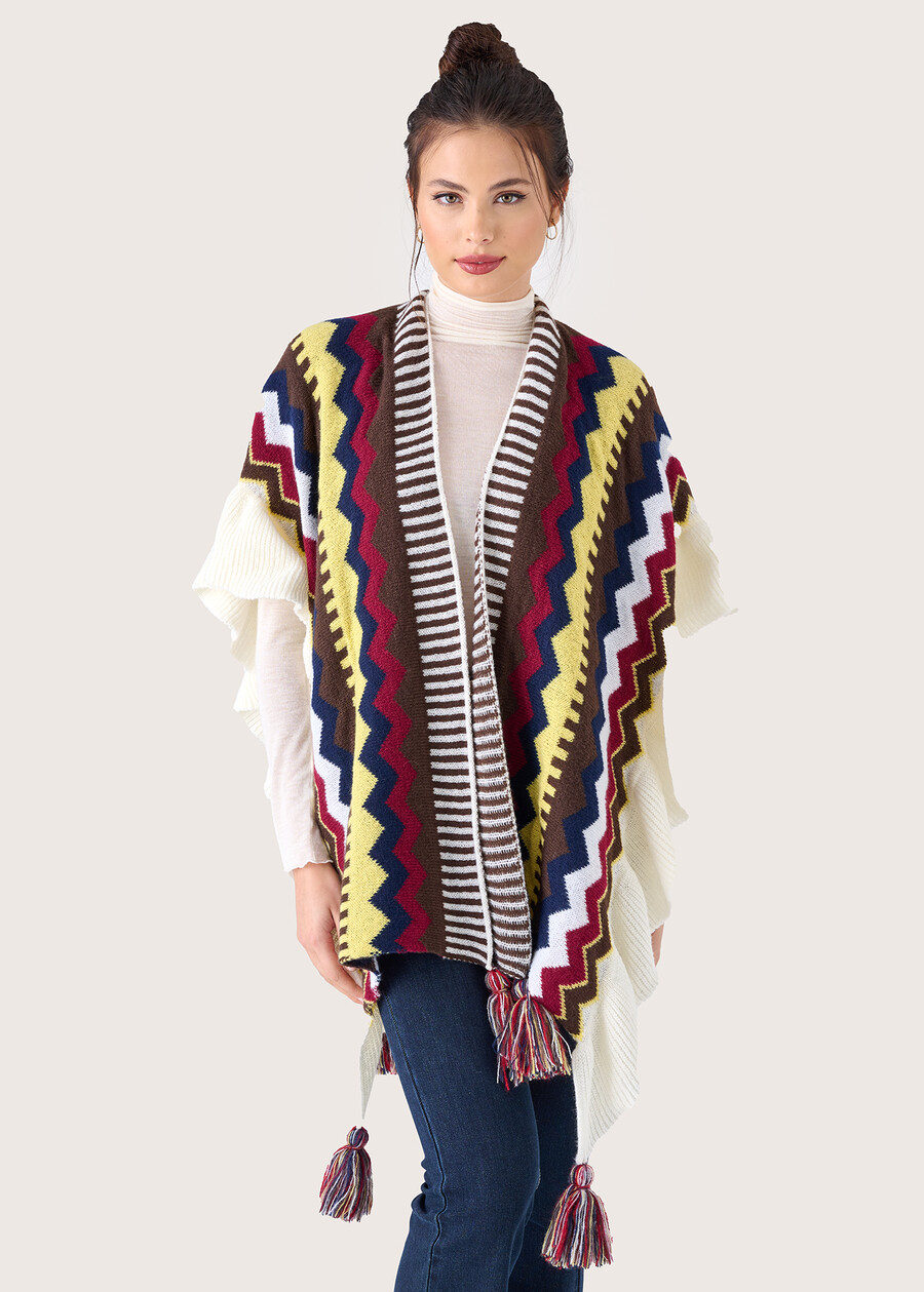 Malala cape with ethnic pattern BEIGE GESSO Woman , image number 1