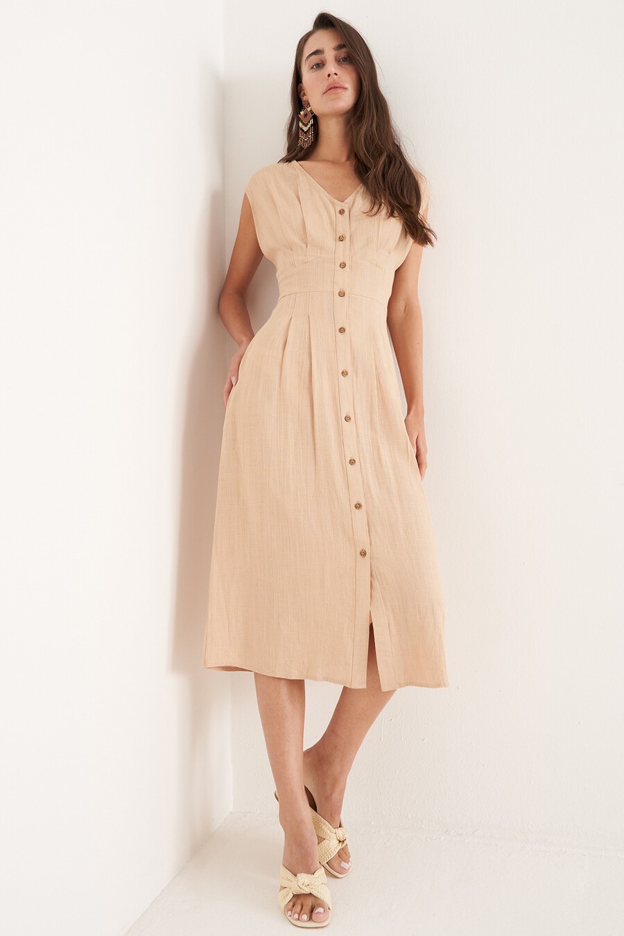Abito Alena in viscosa e lino
 BEIGE DOESKIN VERDE ALGA Donna , immagine n. 1