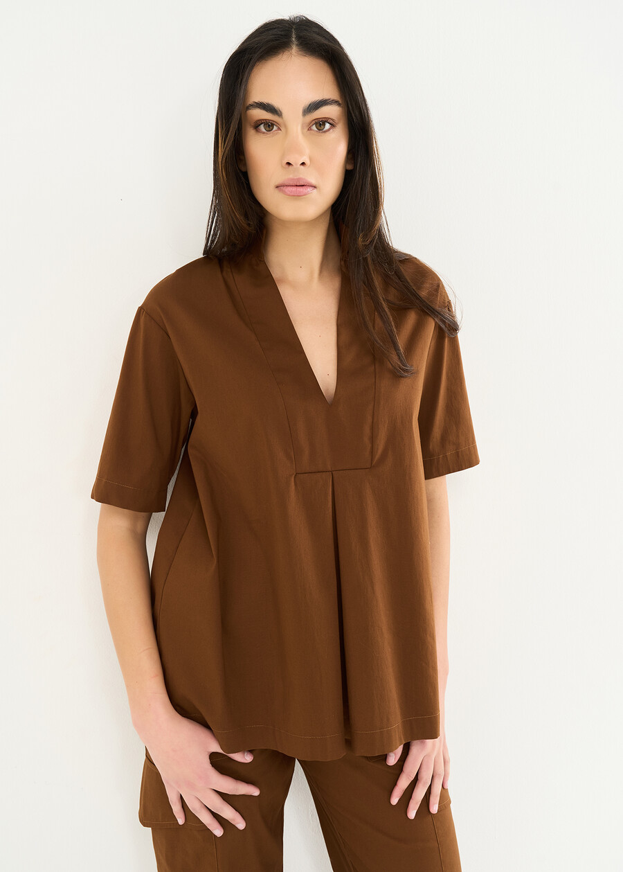 Claid cotton blouse with front pleat MARRONEBIANCO WHITE Woman , image number 1