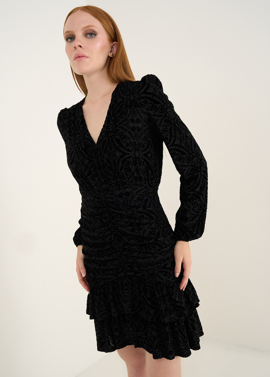 Amor flock short dress with ruffles NERO Woman , image number 1