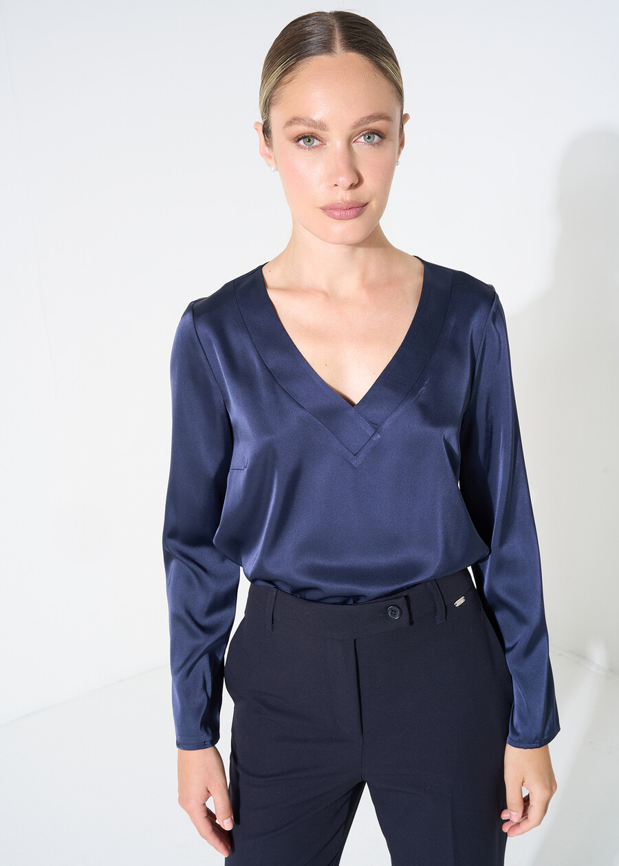 Beatrice satin V-neck blouse NERO BLACKBIANCO WHITEBLU Woman , image number 1