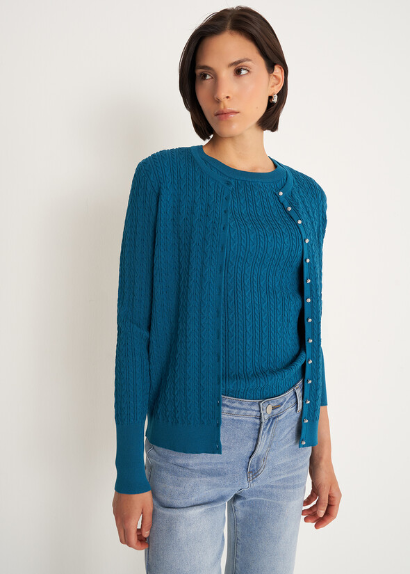 Carry braided knit cardigan with Swarovski buttons Carry braided knit cardigan with Swarovski buttons VERDE PAVONE Woman null