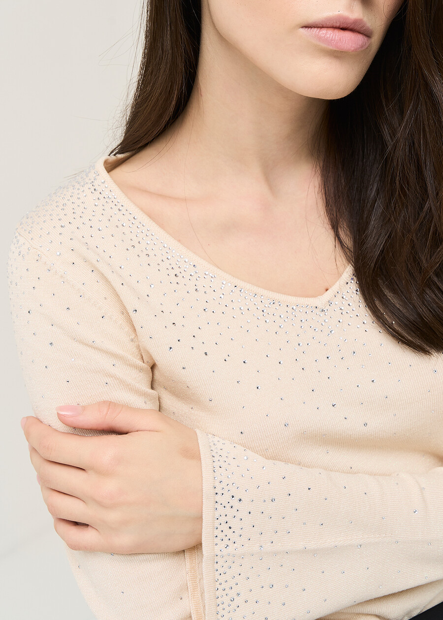 Mum V-neck knit with strass BEIGE Woman , image number 3