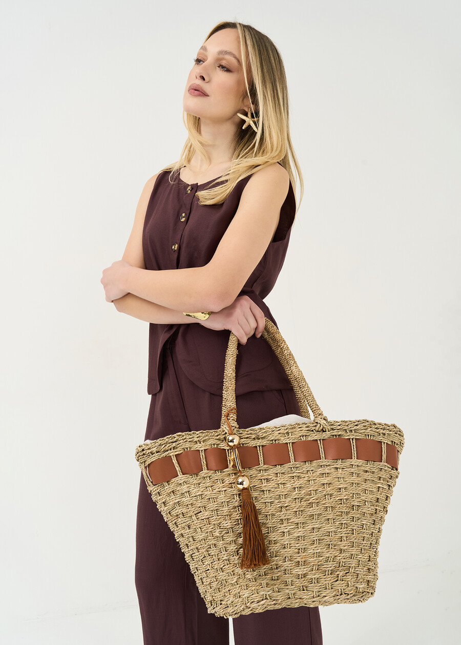 Briges straw and faux leather tote BEIGE DESERT Woman , image number 1