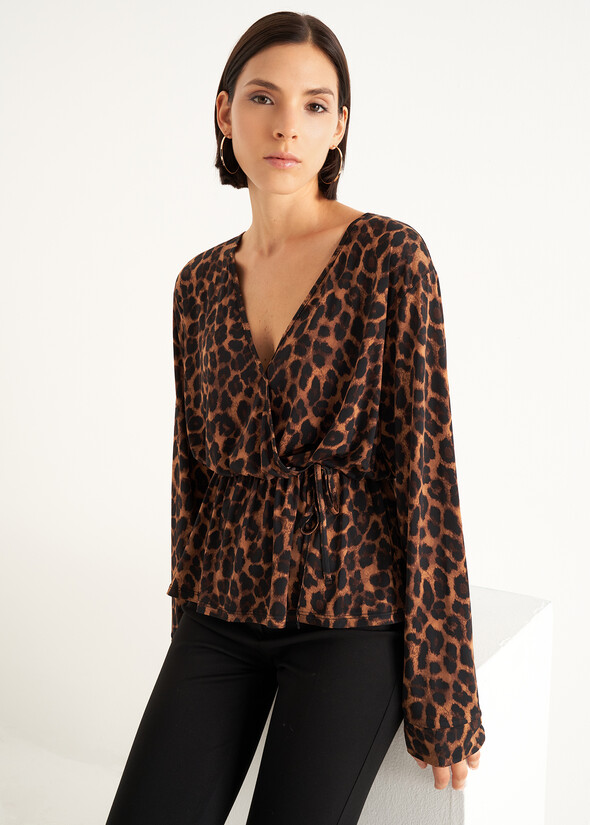 Scarlett wrap-effect printed T-shirt MARRONE CARAMELLO Woman null