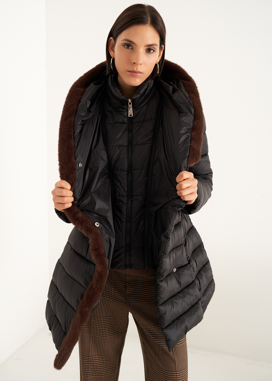 Portos long padded coat with belt NERO BLACKGRIGIO PERLA Woman , image number 3
