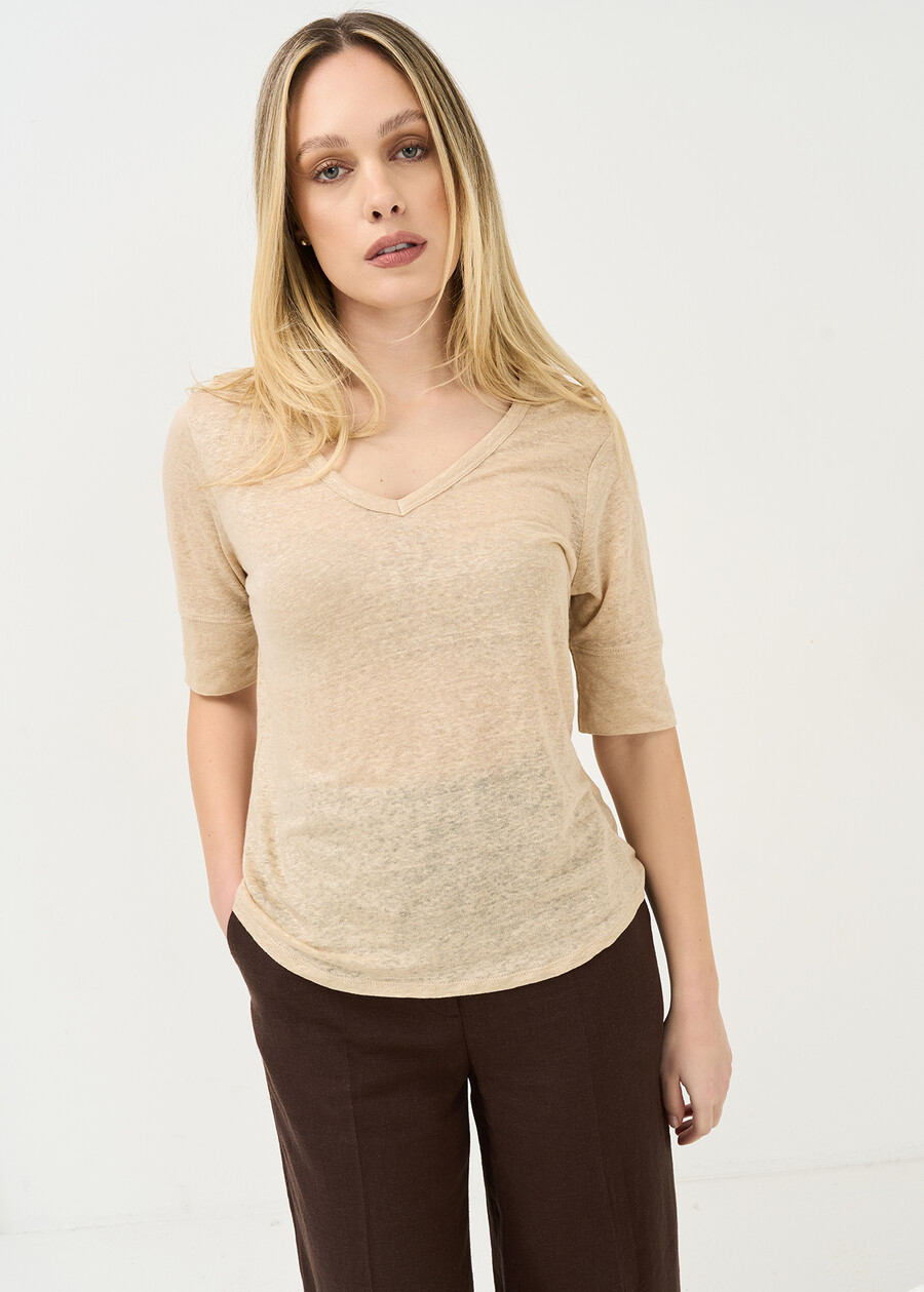 T-shirt Skyper in lino con scollo a V BEIGEMARRONEBIANCO WHITE Donna , immagine n. 1