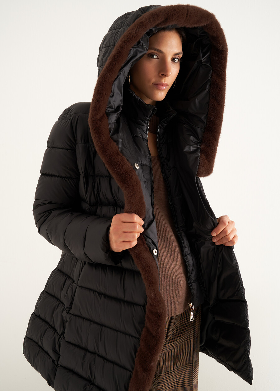 Portos long padded coat with belt NERO BLACKGRIGIO PERLA Woman , image number 4