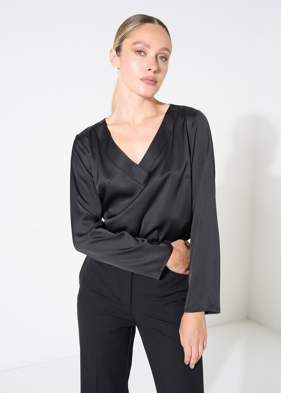 Beatrice satin V-neck blouse NERO BLACKBIANCO WHITEBLU Woman , image number 1