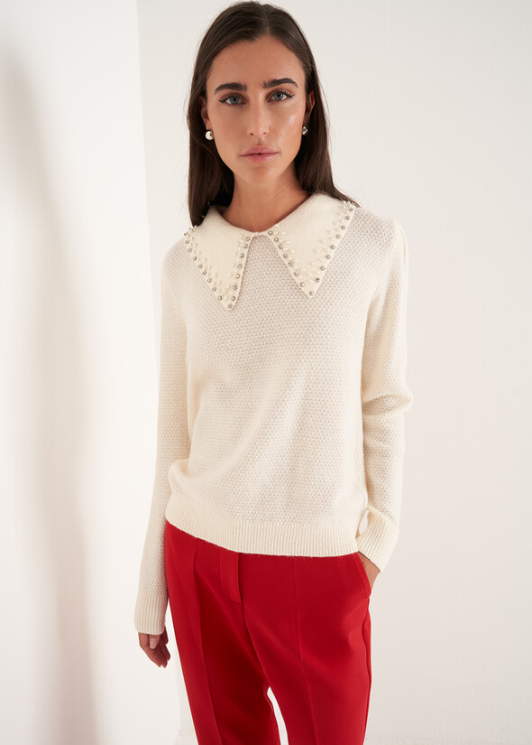 Marta mohair sweater with pearl neckline BIANCO BURRO Woman null