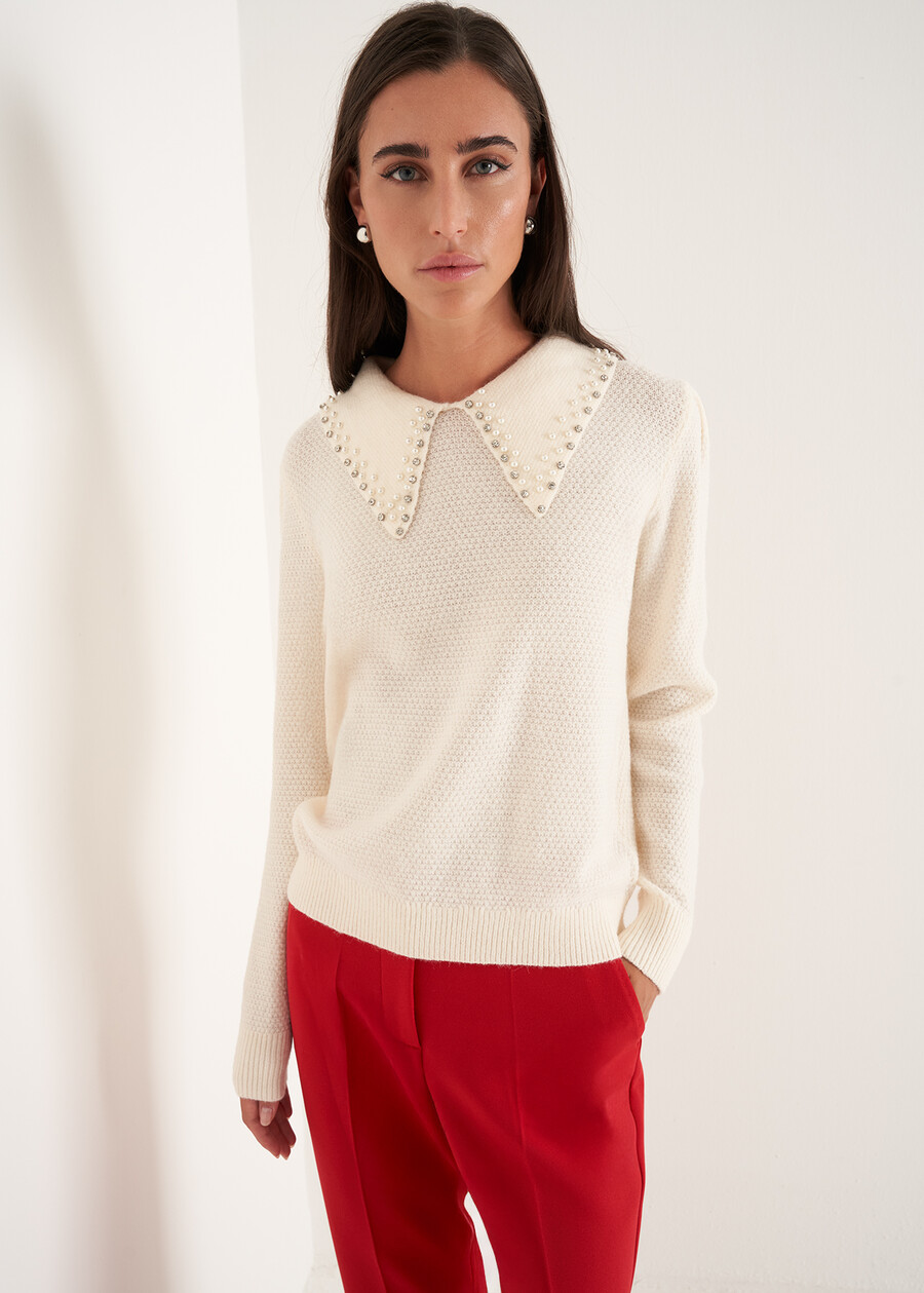 Marta mohair sweater with pearl neckline BIANCO BURRO Woman , image number 1