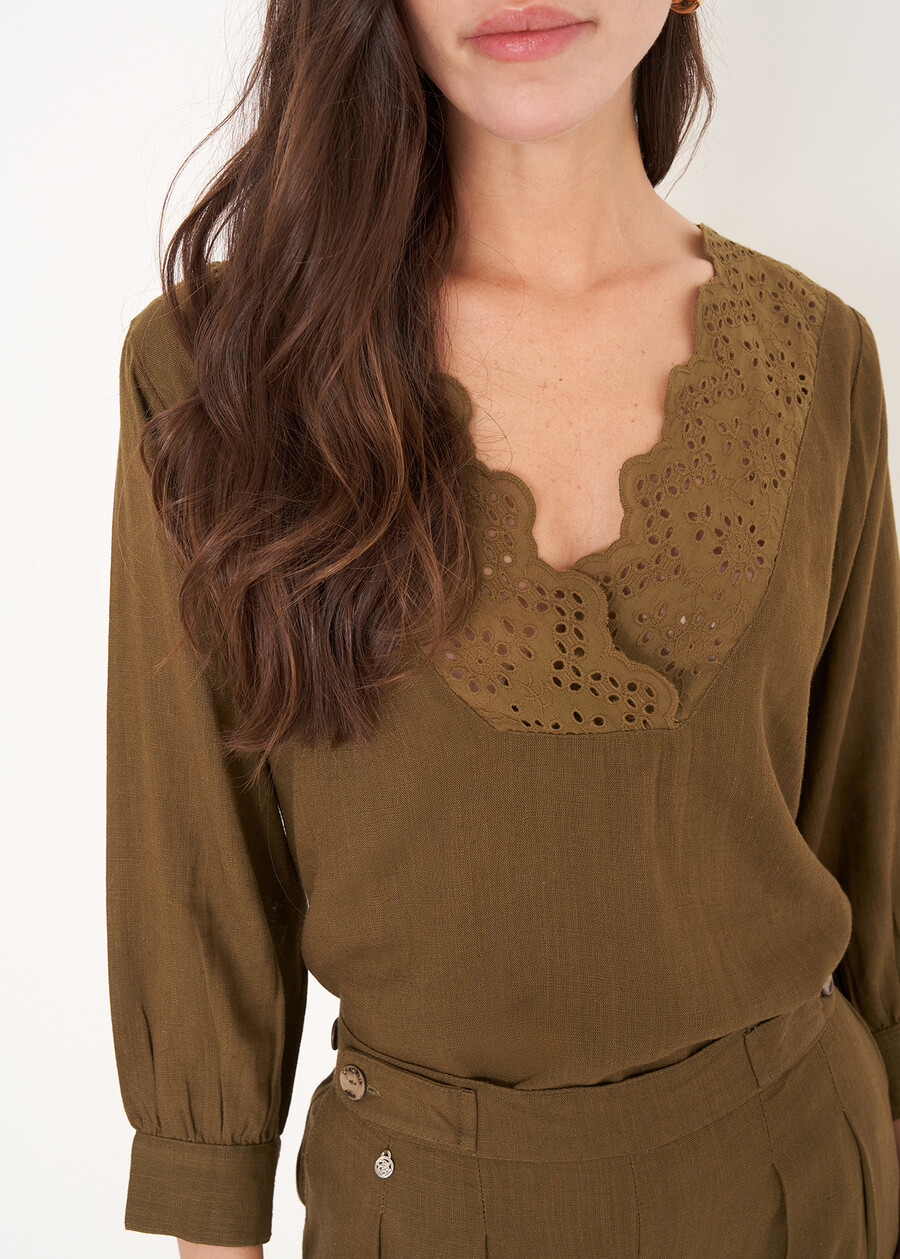 Blusa Blues in viscosa e lino BEIGE DOESKIN VERDE ALGA Donna , immagine n. 2