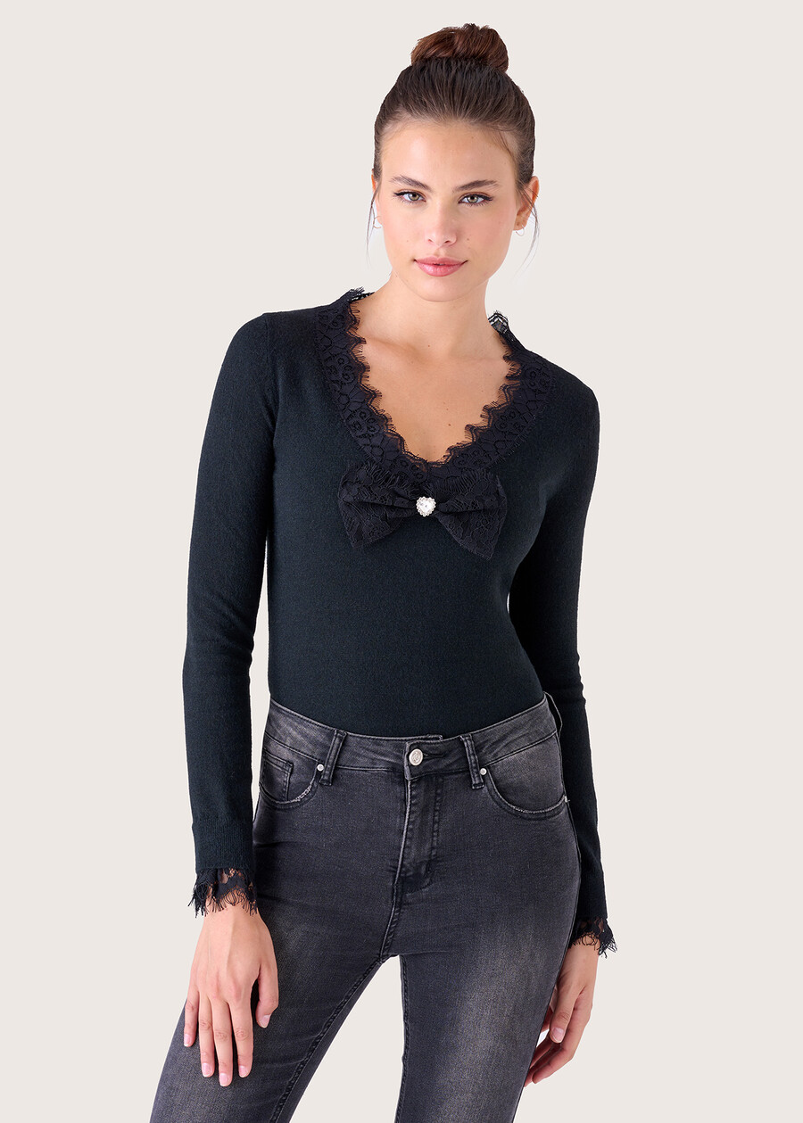 Moari jersey with lace inserts NERO BLACK Woman , image number 1