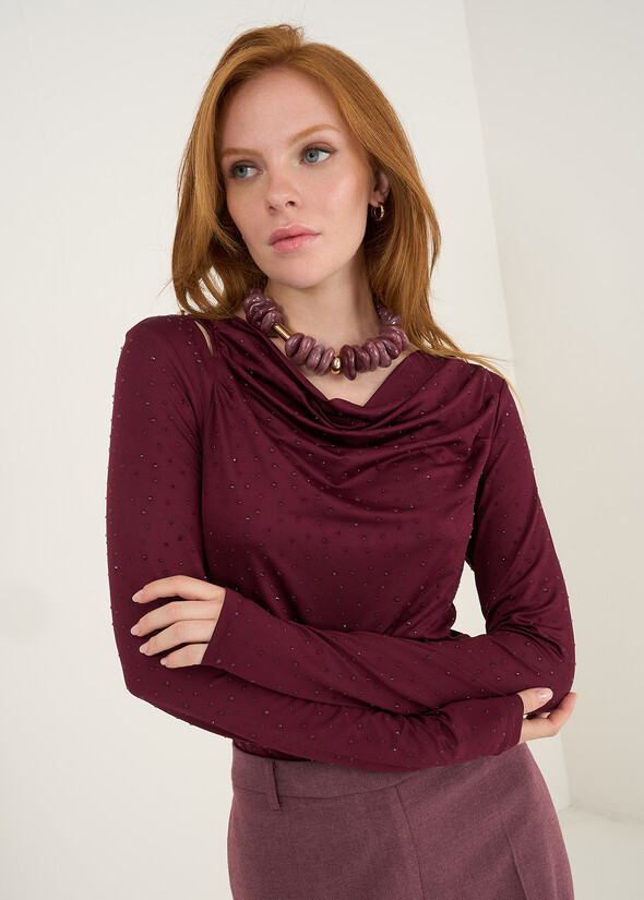 T-shirt Suemy con cappuccio e strass ROSSO BORDEAUX Donna null