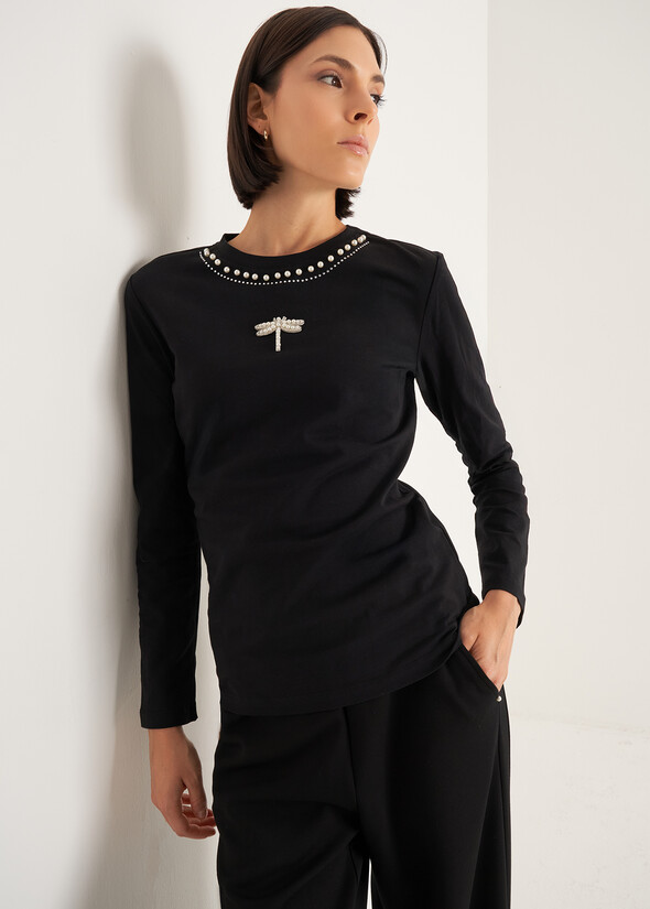 T-shirt Saffye con decorazioni gioiello NERO BLACK Donna null