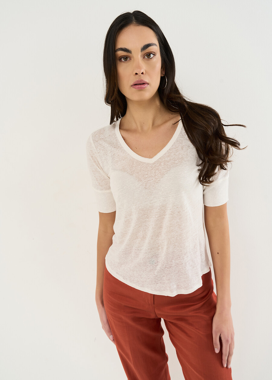 T-shirt Skyper in lino con scollo a V BEIGEMARRONEBIANCO WHITE Donna , immagine n. 1