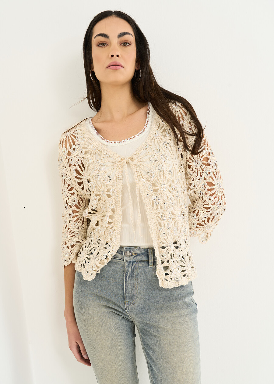 Chiara cotton and sequins cardigan BEIGE LIGHT BEIGE Woman , image number 1