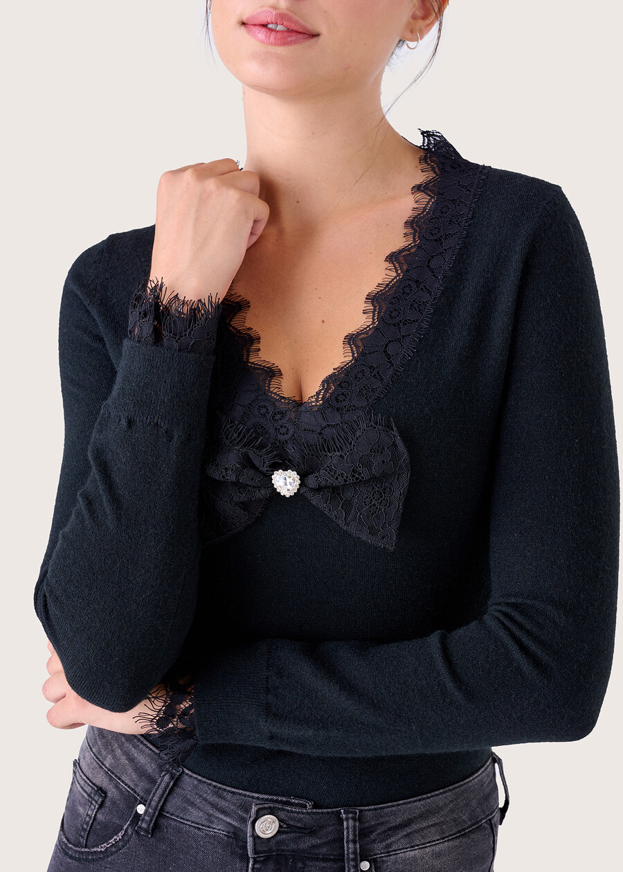 Moari jersey with lace inserts NERO BLACK Woman , image number 2