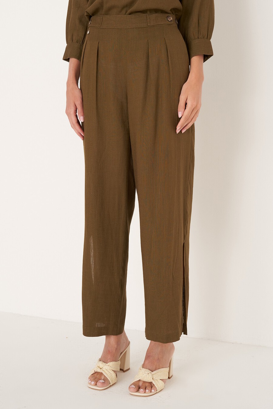 Pantaloni Penny in viscosa e lino
 BEIGE DOESKIN VERDE ALGA Donna , immagine n. 2