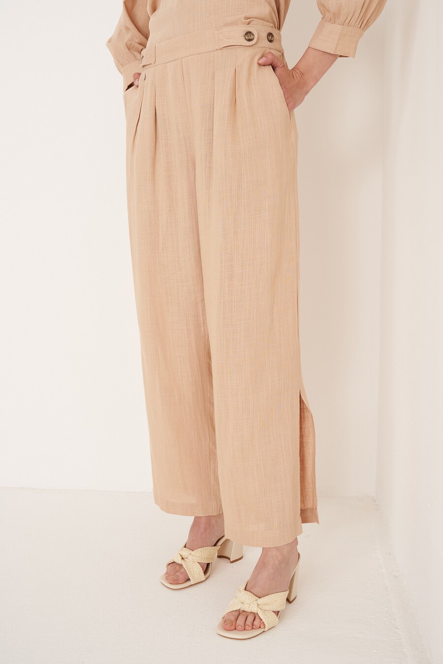 Pantaloni Penny in viscosa e lino
 BEIGE DOESKIN VERDE ALGA Donna , immagine n. 2