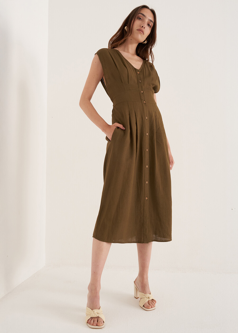 Abito Alena in viscosa e lino
 BEIGE DOESKIN VERDE ALGA Donna , immagine n. 1