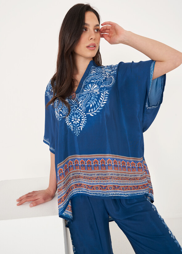 Border Printed Embroidered Kimono BLU OTTANIO Woman null
