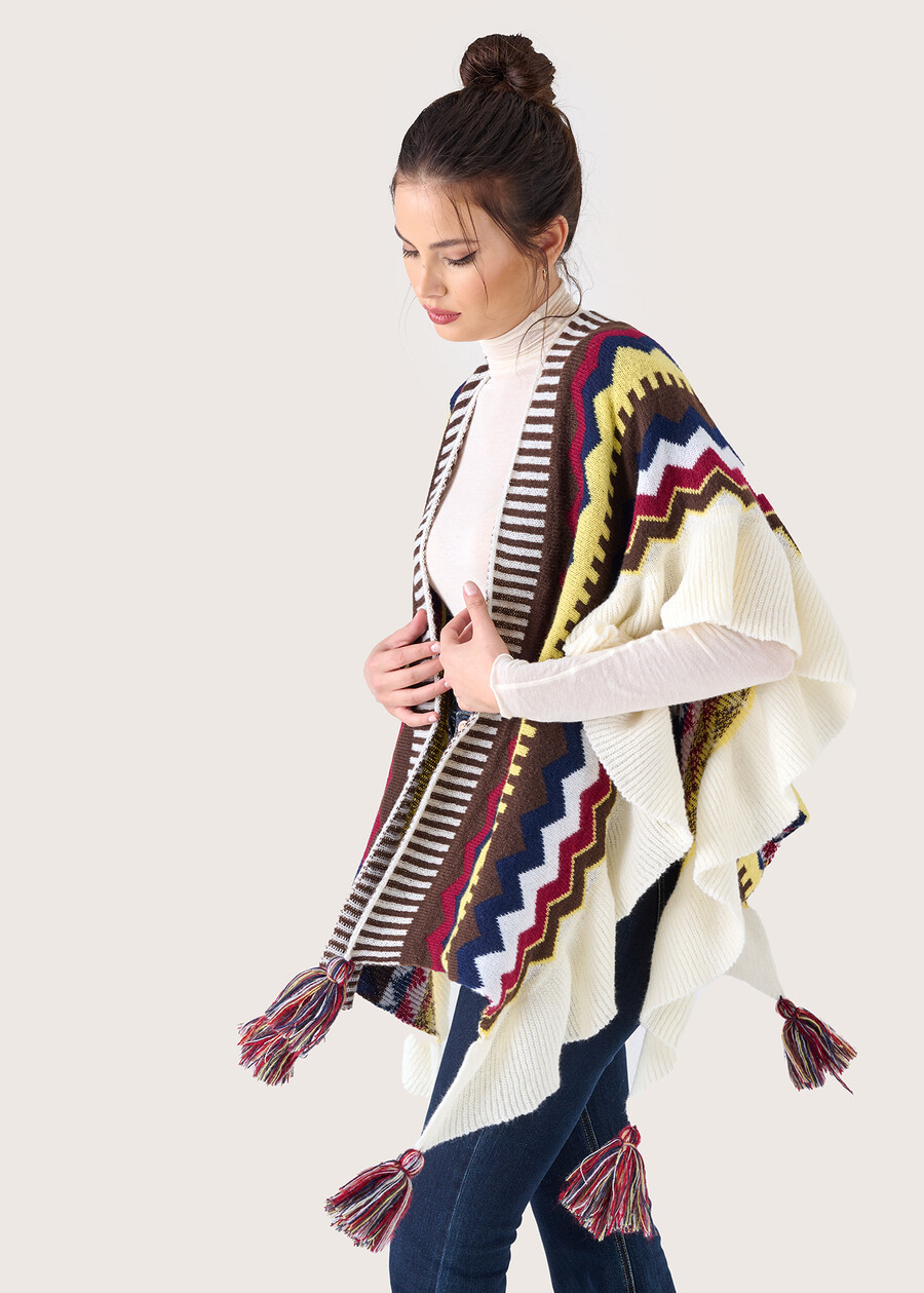 Malala cape with ethnic pattern BEIGE GESSO Woman , image number 3