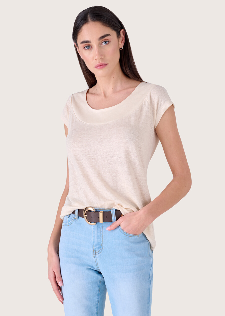 Sue 100% linen t-shirt BEIGE ECRUBLU MAIOLICA Woman , image number 1