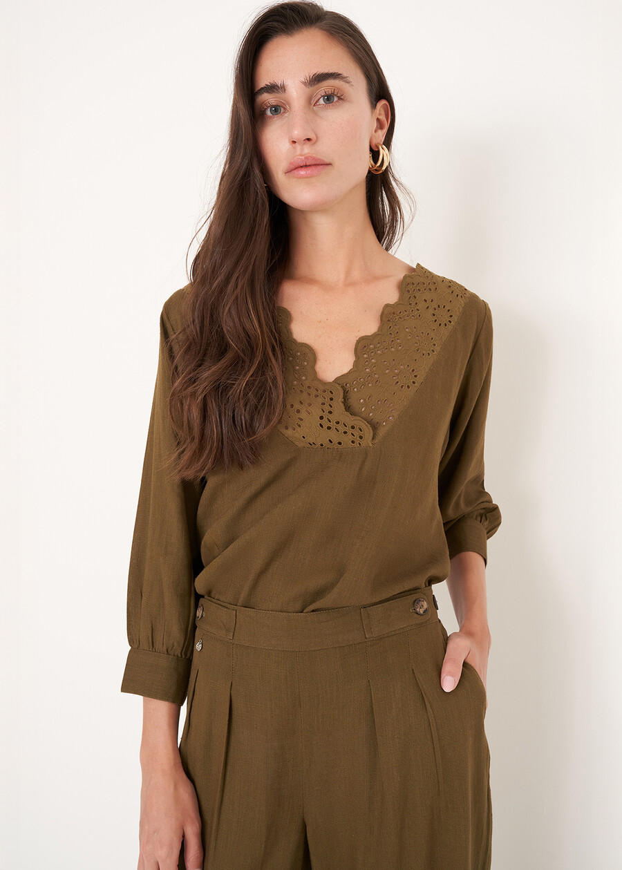 Blusa Blues in viscosa e lino BEIGE DOESKIN VERDE ALGA Donna , immagine n. 1