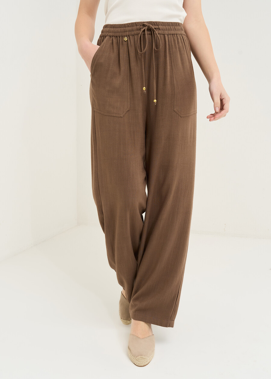 Pantaloni Poly in viscosa e lino MARRONE Donna , immagine n. 2