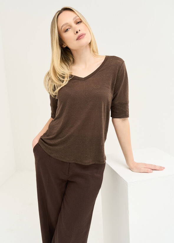 T-shirt Skyper in lino con scollo a V MARRONE Donna null