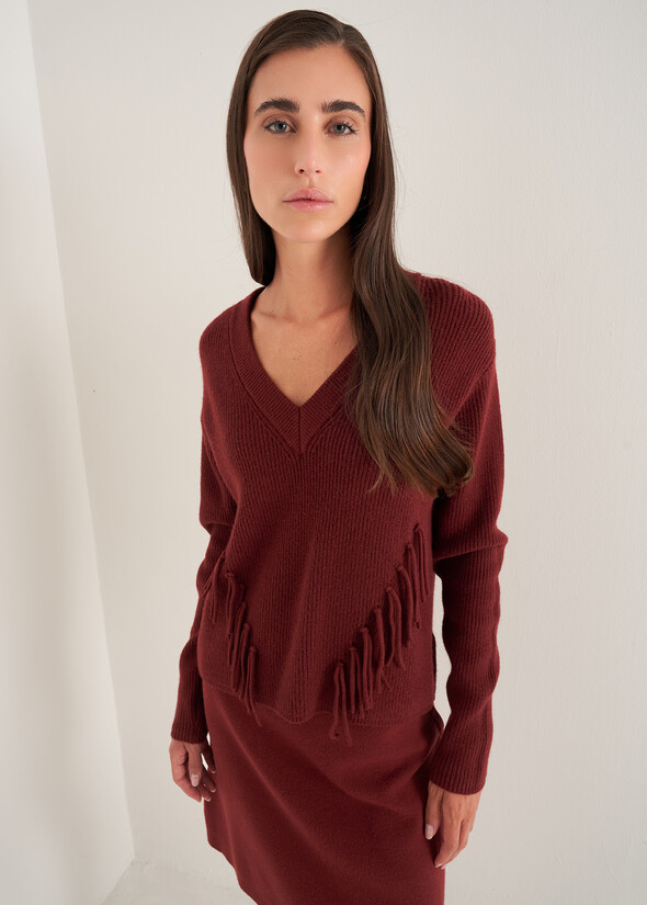 Marisa V-neck sweater with fringes ROSSO CHIANTI Woman null