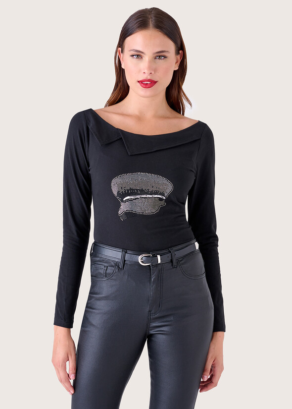 T-shirt Stick con strass NERO BLACK Donna null