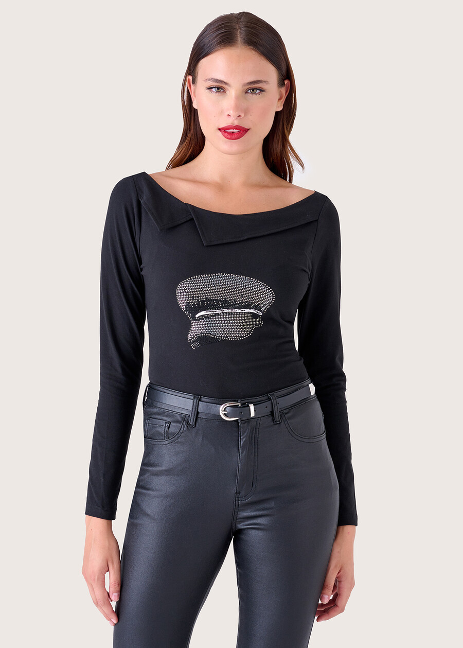 Stick T-shirt with strass NERO BLACK Woman , image number 1