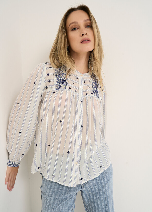 Camicia Carmen cotone ricamata BEIGE LATTE Donna null