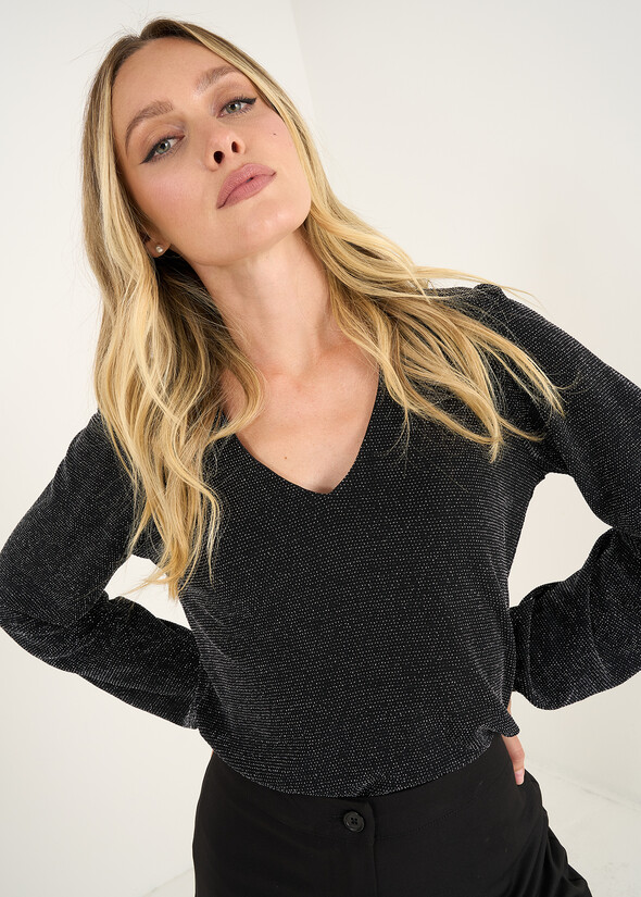 T-shirt Silvy in lurex con scollo V NERO Donna null