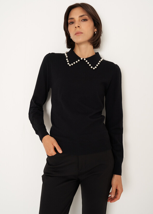 Mafalda sweater with pearl neckline NERO BLACK Woman null