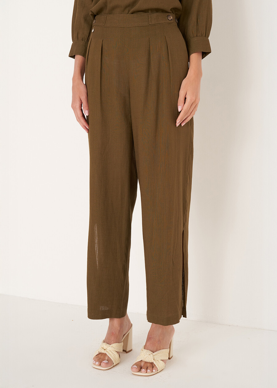 Pantaloni Penny in viscosa e lino BEIGE DOESKIN VERDE ALGA Donna , immagine n. 2